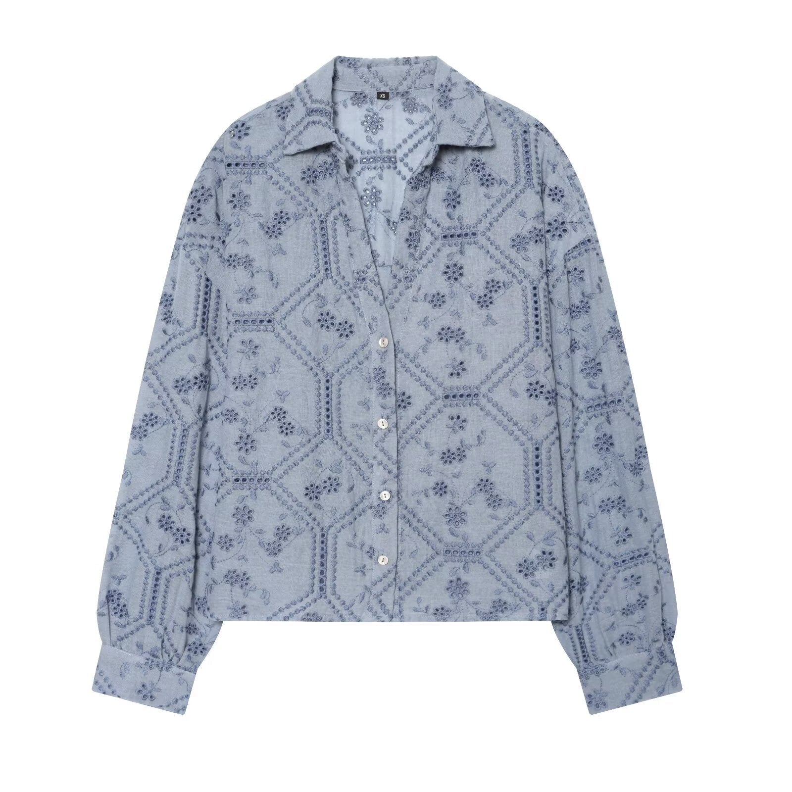 Women's hollowed out embroidered lapel shirt