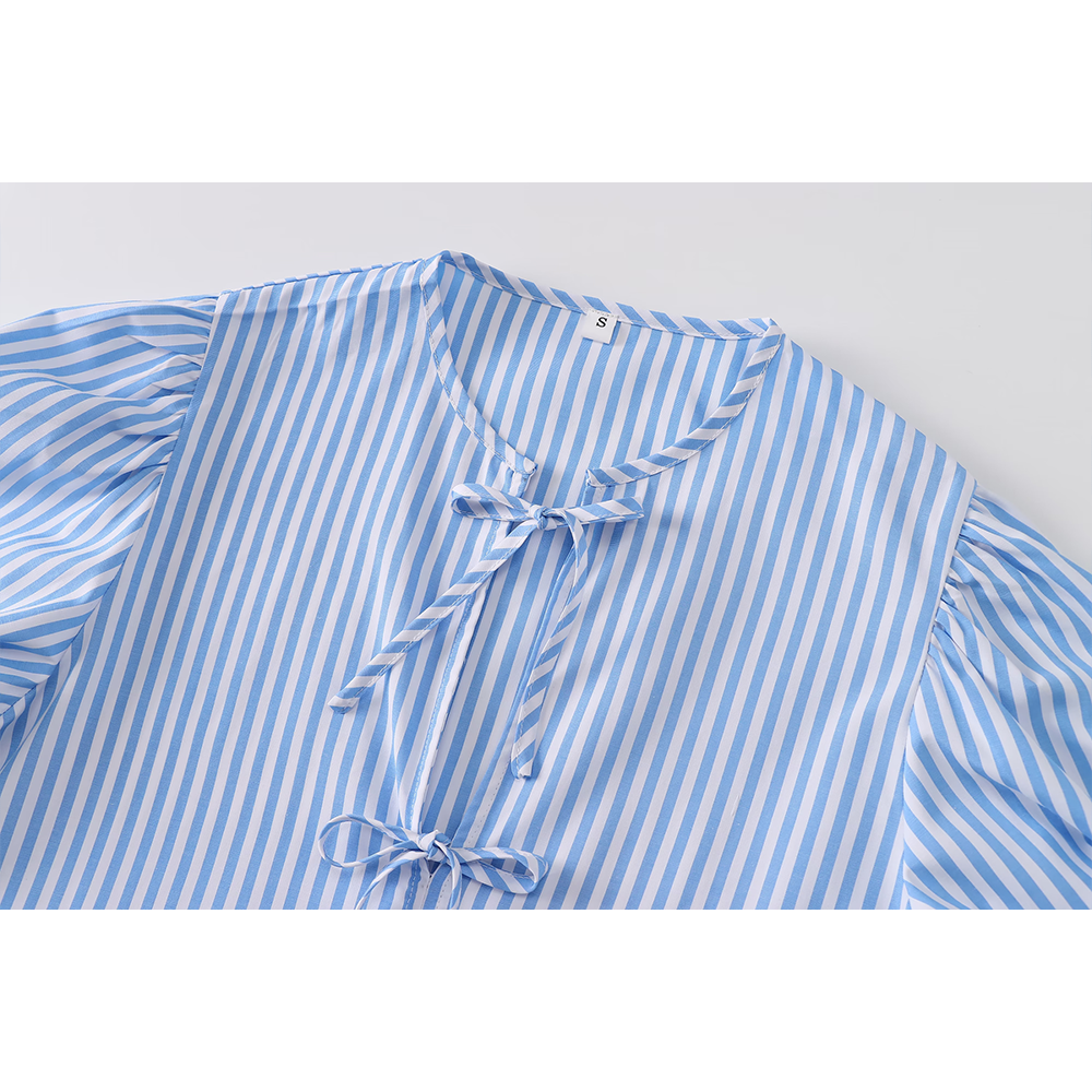 Women's bow decoration short striped shirt