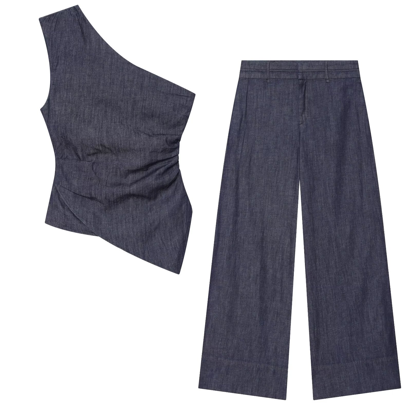 suit Women's 2 pieces pleated asymmetrical top+ wide leg pants