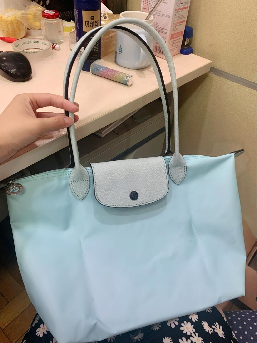 #576 Women's New Joker Nylon Jiaozi Handbag Embroidered Large Tote Waterproof Folding Shoulder Bag.