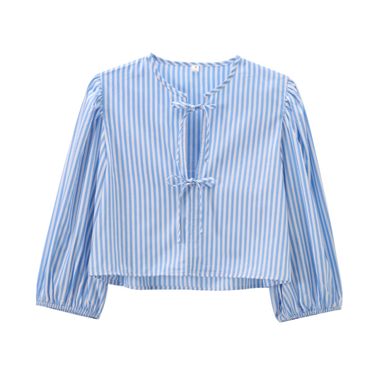Women's bow decoration short striped shirt