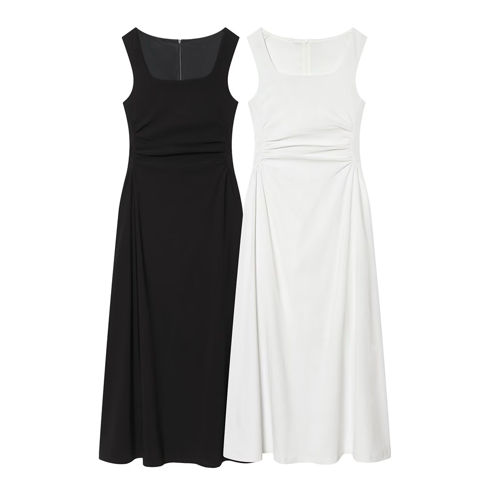 Women's U-neck pleated waist MIDI dress