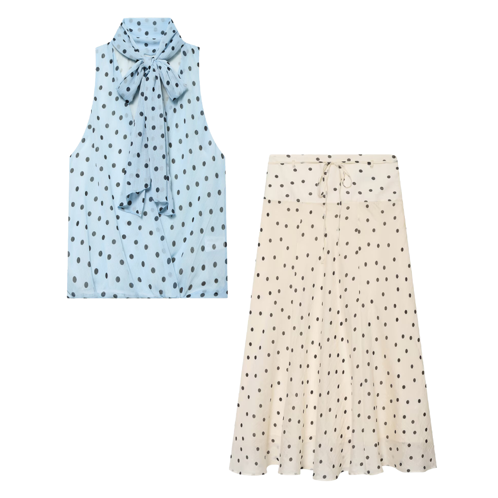 suit Women's 2 pieces polka dot lace up MIDI skirt+polka dot bow top