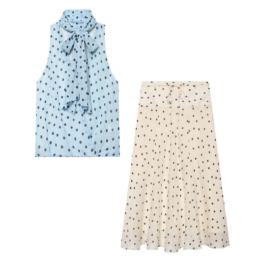 suit Women's 2 pieces polka dot lace up MIDI skirt+polka dot bow top